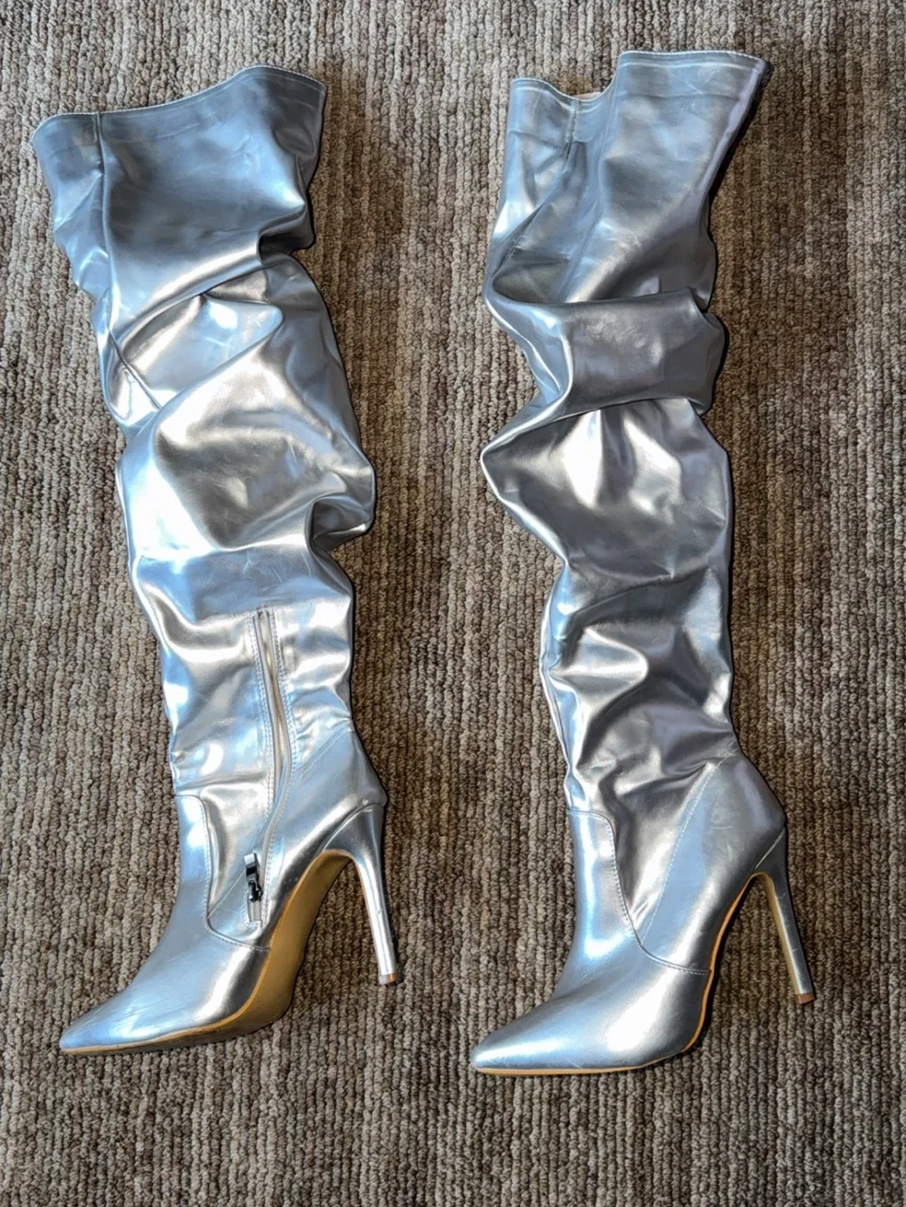 Silver Over-the-Knee Stiletto Boots - Women's Fashion Boots